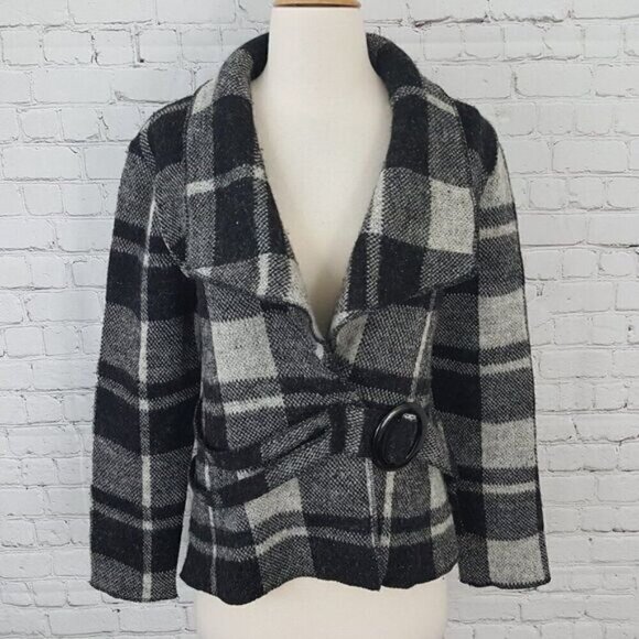 Black White Plaid Gray Belted Short Shawl Collar Jacket S - Picture 3 of 5